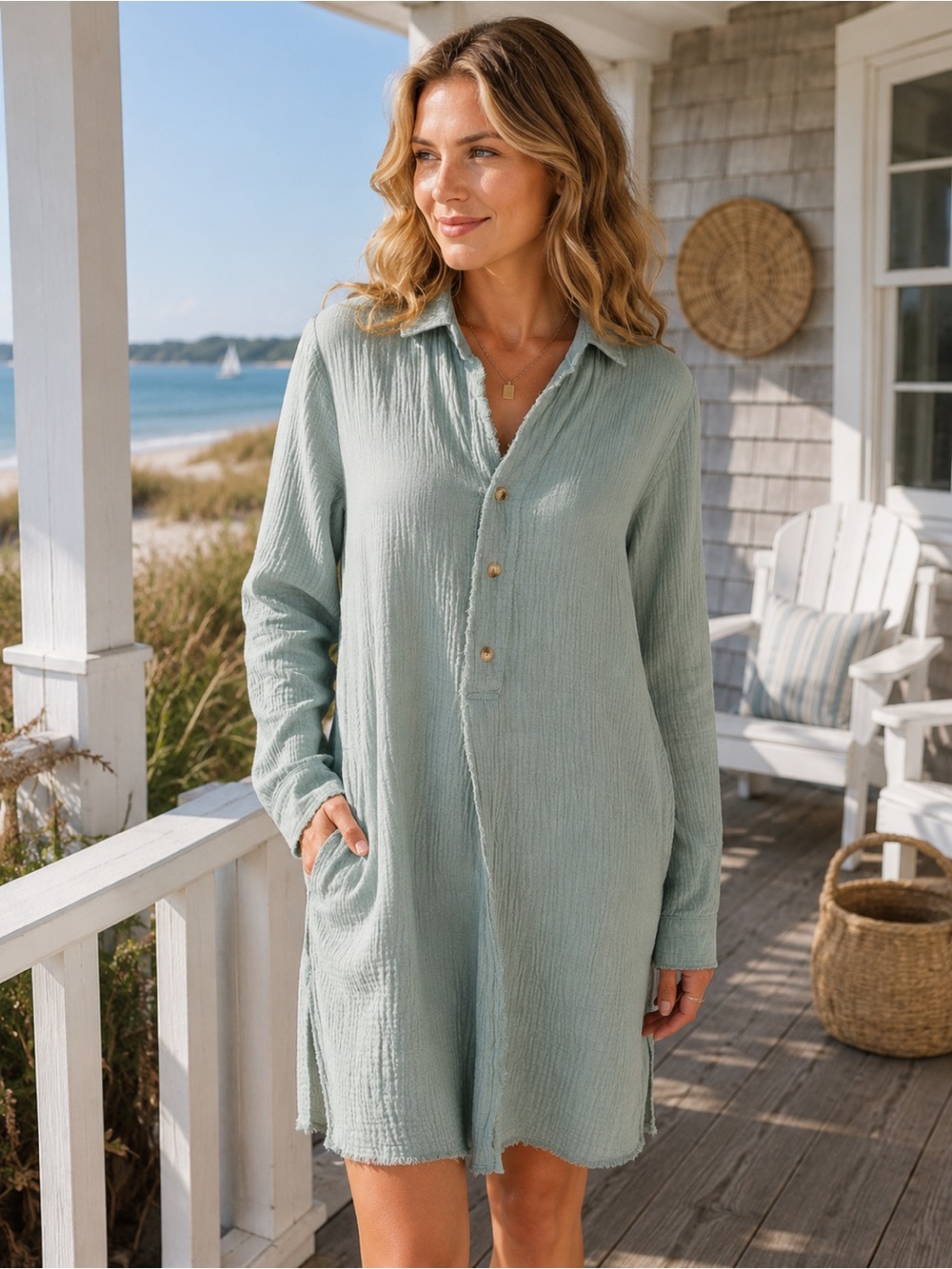 Hem & Thread Cotton Gauze Tunic Dress Small Sage Green Boho Coastal Shirt Dress